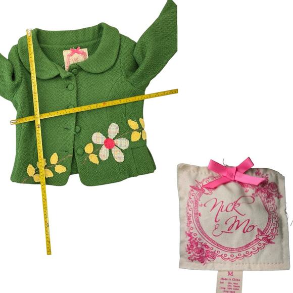 Nick & Mo Anthropologie Green 3/4 Sleeve Wool Blend Floral Embroidery Medium - Picture 2 of 3